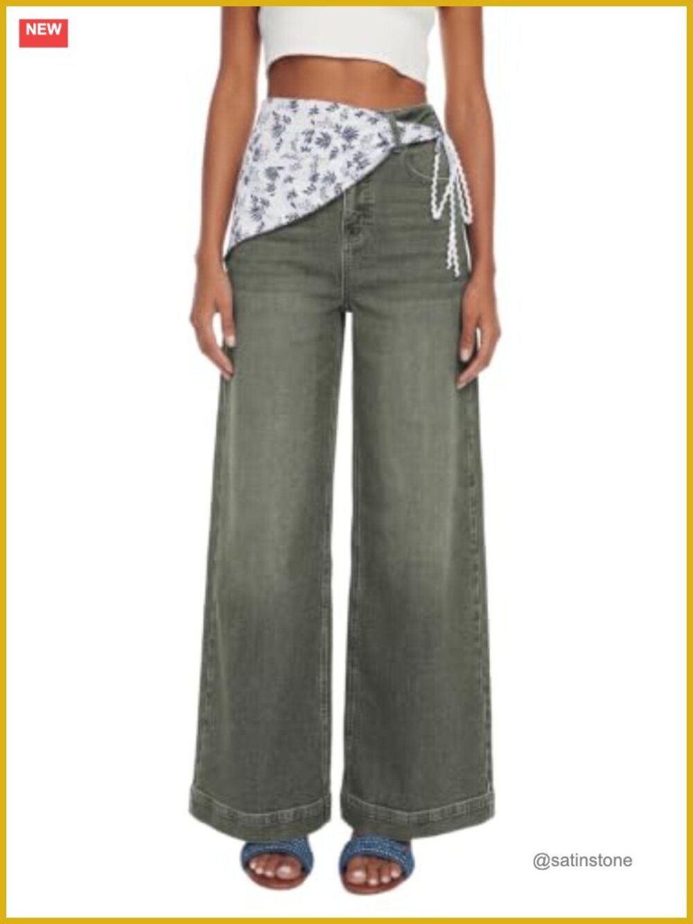 High Waisted Wide Leg Stretch Denim Jeans with Floral Scarf Waistband